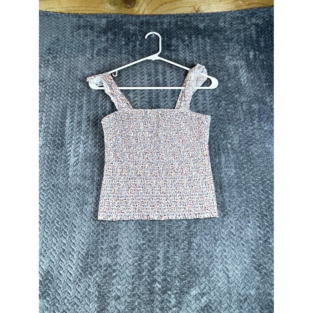 Old Navy Ruched Crop Top Womens Small Multi Floral Smocked Bodice Ruffle Sleeve